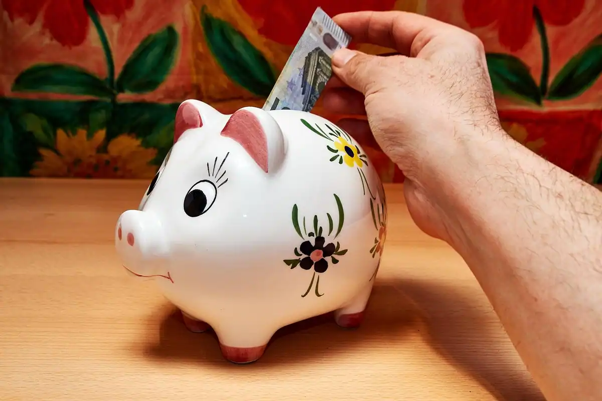 O mână strecoară o bancnotă într-un porcușor alb pentru economii, simbol al resurselor proprii