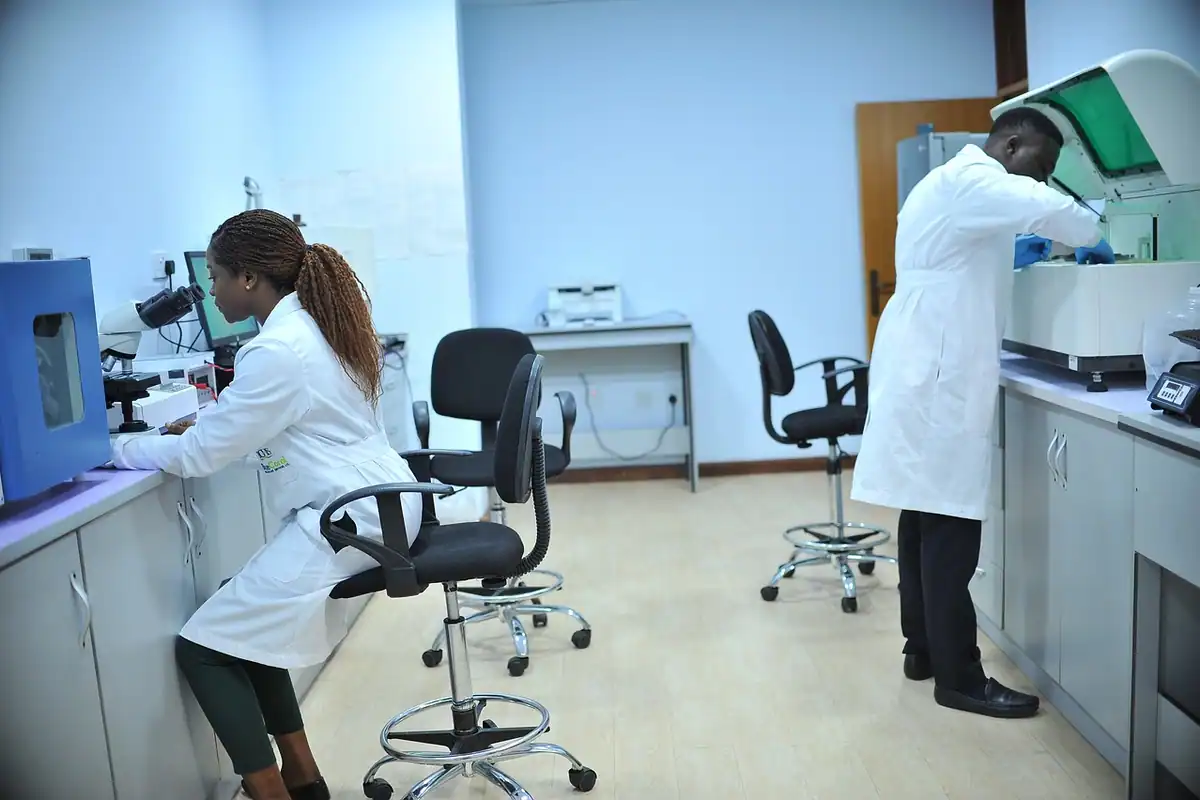 Doi cercetători în halate albe lucrează într-un laborator cu microscoape și aparate