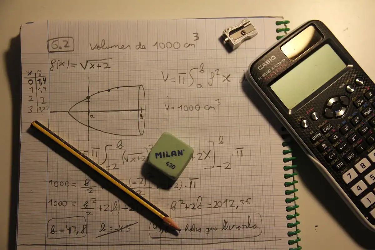 Un caiet cu formule scrise de mână, un calculator științific și un creion pe masă